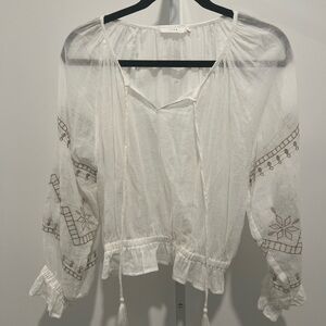 Lush White Long Sleeve Tie Front Crop Blouse
